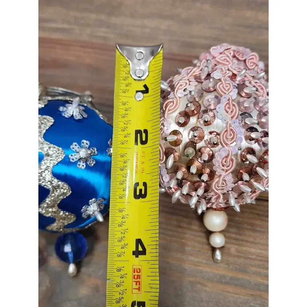 Vintage Hand Made Push Pin Beaded Christmas Ornament Decorations Lot Of 6